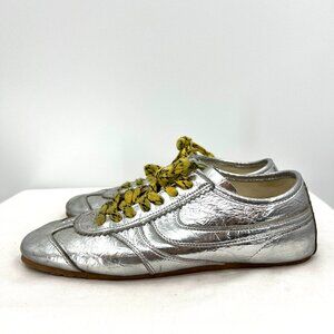 Ric K Yuee Silver Crinkle Leather Yellow Lace Sneakers Size 42 US Men's 9